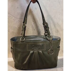 Coach Green Patent Coated Tote Bag Zip Top Turnlock Shoulder Womens